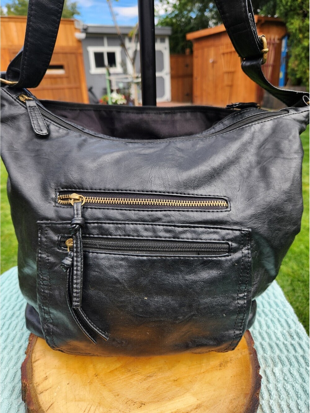 Bueno Black Leather Shoulder Bag with Front Zipper Pockets